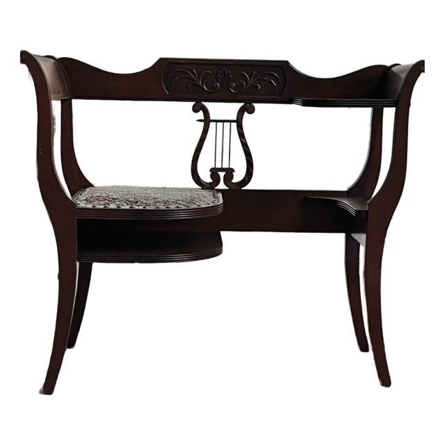 Vintage Mahogany Lyre Back Telephone Table With Gossip Bench Seat For Sale