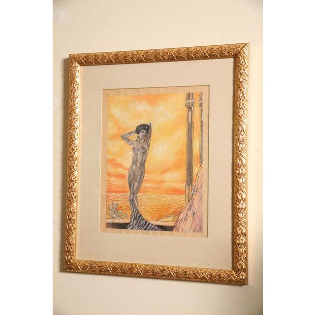 Art Deco Vintage Art Deco Edouard Chimot Watercolor Painting Custom Framed French For Sale - Image 3 of 11