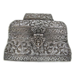 Antique Indian Silver Embossed Flower Scroll Hinged Lid Casket Chest Box For Sale