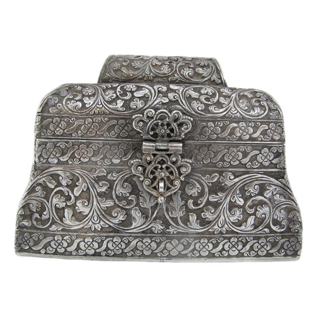 Antique Indian Silver Embossed Flower Scroll Hinged Lid Casket Chest Box For Sale
