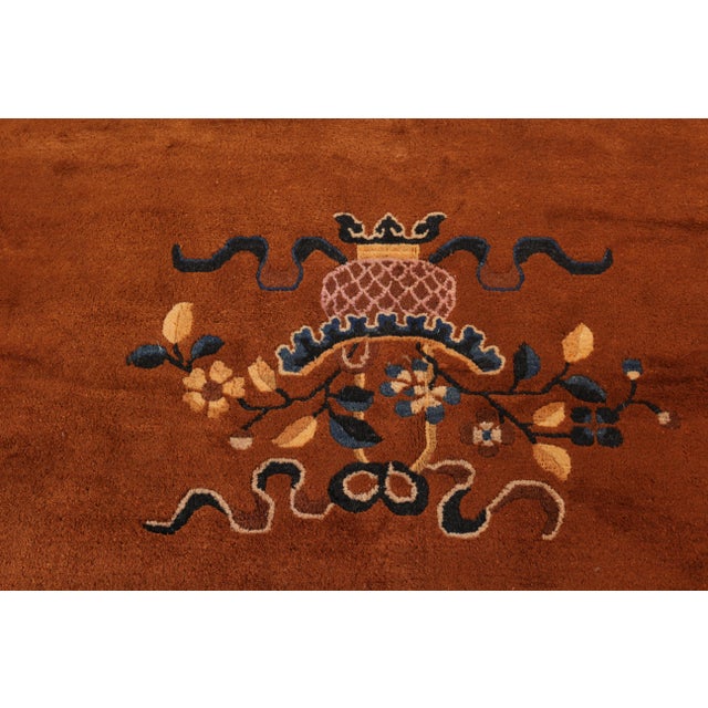 Antique Chinese Peking Rug in Brown and Blue With Floral Patterns - Rug & Kilim For Sale In New York - Image 6 of 8