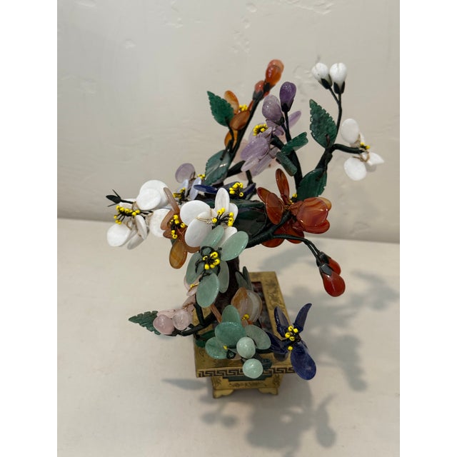 Gemstone Vintage Gemstone Bonsai Tree Sculpture Asian, Semi Precious Stones, Jade Brass Pot For Sale - Image 7 of 12