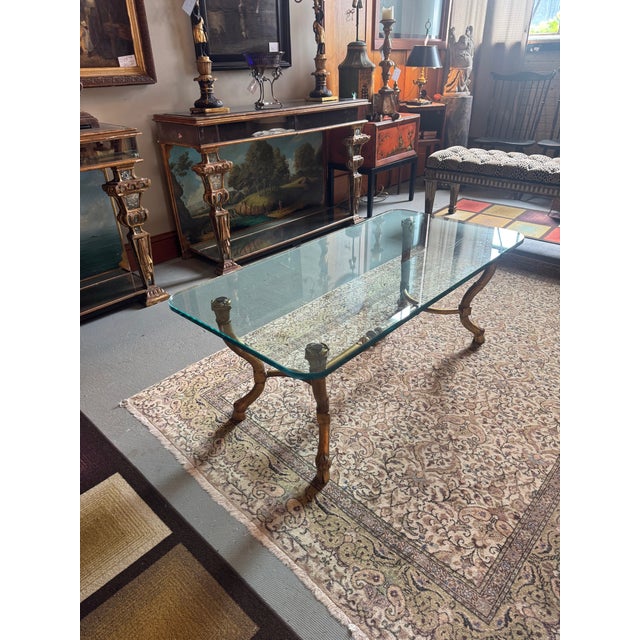 1970s Vintage Maison Ramsay Style Gilt Base Glass Top Coffee Table With Paw Feet For Sale - Image 5 of 11