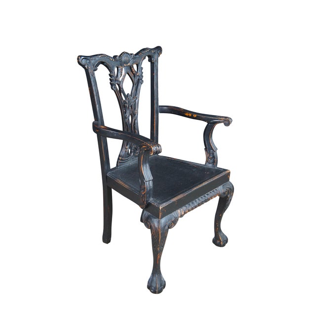 English Late 20th Century 2 English Chippendale Style Black Painted Mahogany Ball & Claw Armchairs For Sale - Image 3 of 12