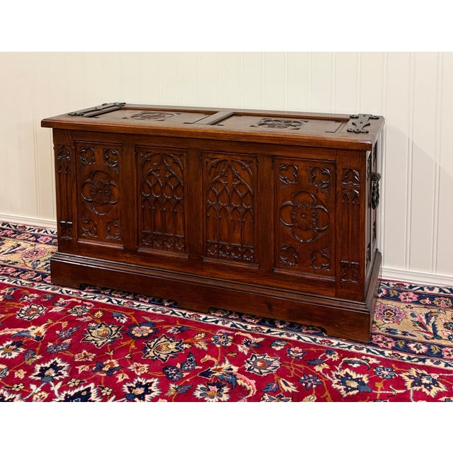 Gothic Antique French Neo Gothic Trunk Chest Blanket Box Storage Coffer Oak C. 1930-40s For Sale - Image 3 of 18