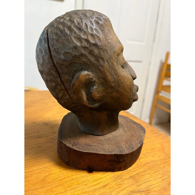 Late 19th Century Vintage African Wooden Hand Carved Boy Bust Statue For Sale - Image 4 of 6