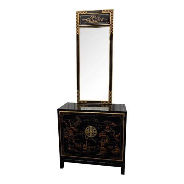 Vintage Drexel Heritage Et Cetera Collection Chinoiserie Style Cabinet & Mirror For Sale