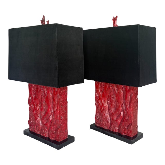 1990s Tanner Kenzie Red Resin Table Lamps With Black Velvet Shades - Pair For Sale