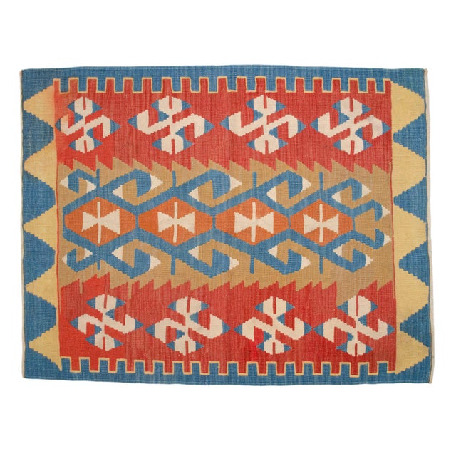 Flat Weave Kilim Rug, Vintage Oushak Rug Village Wool, Red Gold Blue Geometric, 3x4 Ft Approx For Sale - Image 6 of 16