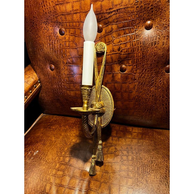 Vintage Solid Brass Electric Candle Stick Rope and Tassel Wall Sconce With Linen Shade For Sale - Image 4 of 14