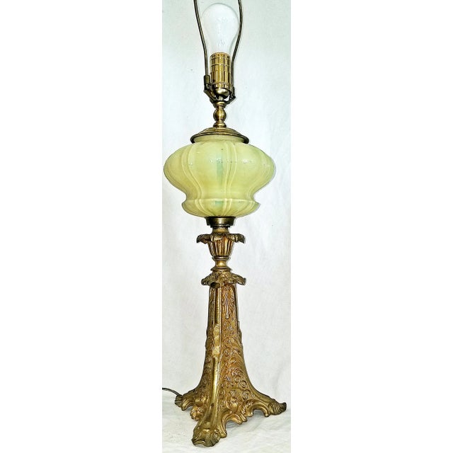 Late 19th Century French Dore' Electrified Vaseline Glass Oil Lamp For Sale - Image 5 of 9