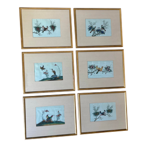 Antique Chinese Export Gouache Bird Paintings on Pith, Set of 6