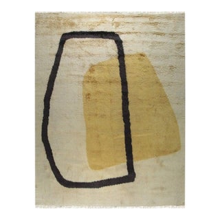 5x8 Yellow Hand-Knotted Wool Abstract Outlines Vintage Mid Century Carpet Rug For Sale