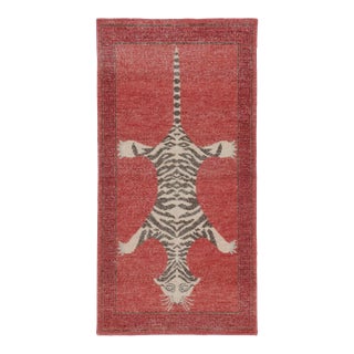 Rug & Kilim’s Distressed Tiger Runner Rug in Red With Beige and Brown Pictorial For Sale