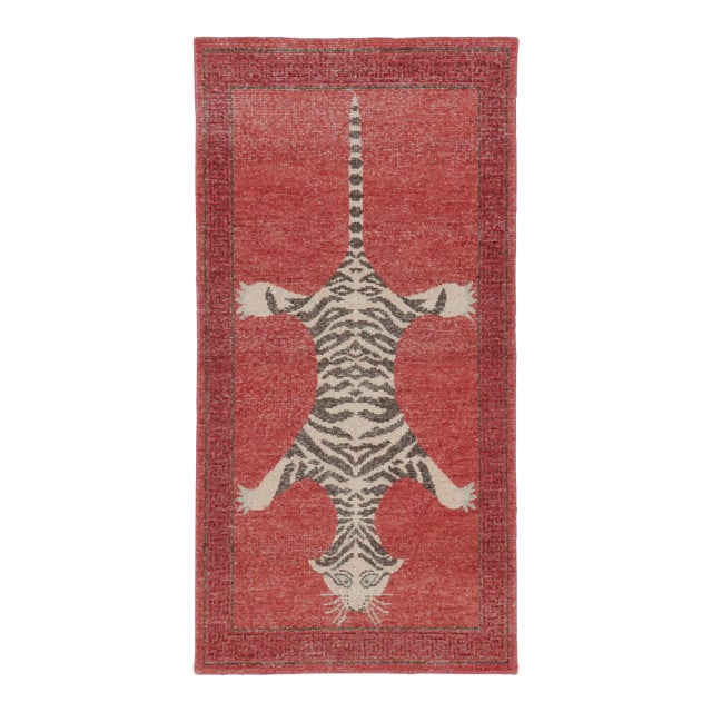 Rug & Kilim’s Distressed Tiger Runner Rug in Red With Beige and Brown Pictorial For Sale
