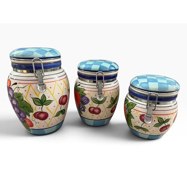 French Country Vintage Capriware Michael’s Orchard Hand-Painted Fruit Canister Set of 3 For Sale - Image 3 of 7