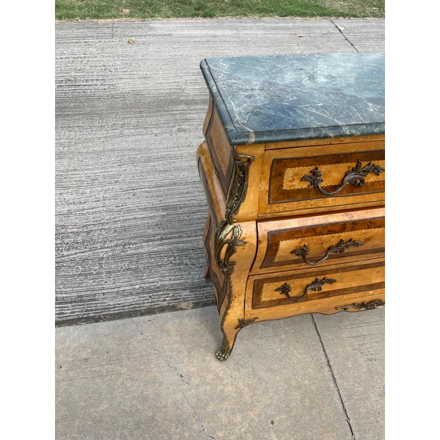 Antique Italian Burlwood Bombe Commode Ormolu Green Marble For Sale - Image 11 of 11