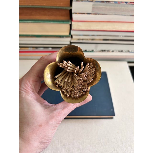 Vintage Solid Brass Flower Match Holder and Toothpick Cup For Sale - Image 10 of 12