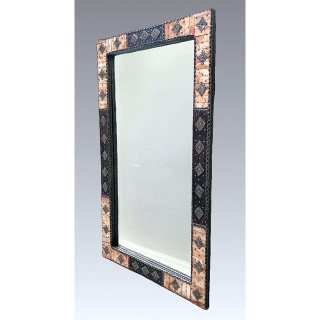 Large Moroccan Rectangular Wall Mirror, Expresso Brown Wood, Orange With Silver Embellishments For Sale In Tampa - Image 6 of 12