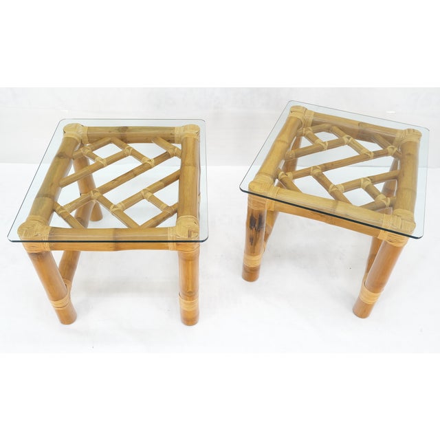 Pair Thick Bamboo Glass Top Rectangle Glass Top End Side Lamp Tables MINT