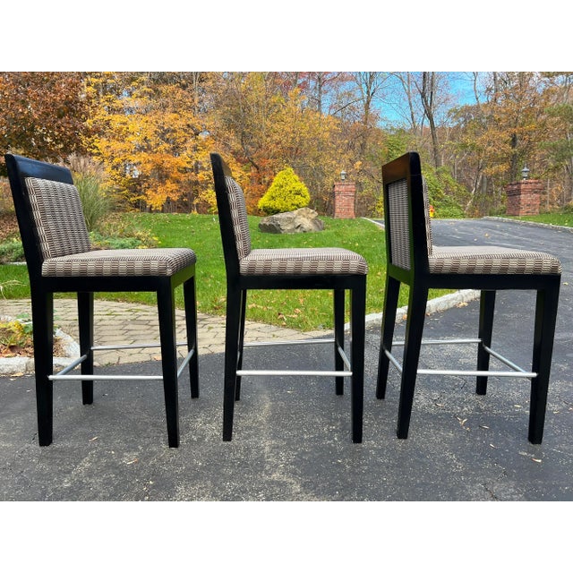 Holly Hunt 2000’s Holly Hunt Modern Mahogany Upholstered Counter Stools - Set of 3 (Attributed) For Sale - Image 4 of 12