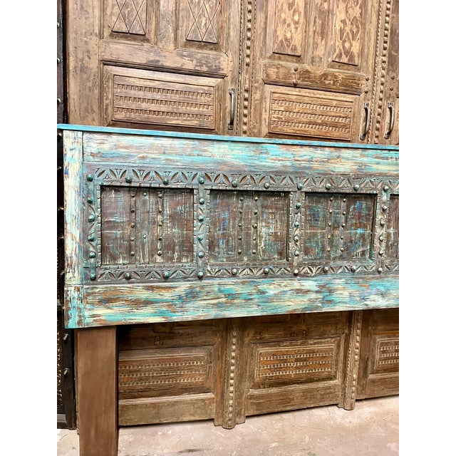 Vintage Indian Door Headboard King Size | Distressed Blue Carved Wood Statement Headboard For Sale - Image 4 of 4