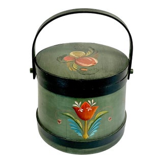 1950s Vintage Gustavian Rustic European Farmhouse Tole Hand Painted Wooden Sap Bucket For Sale