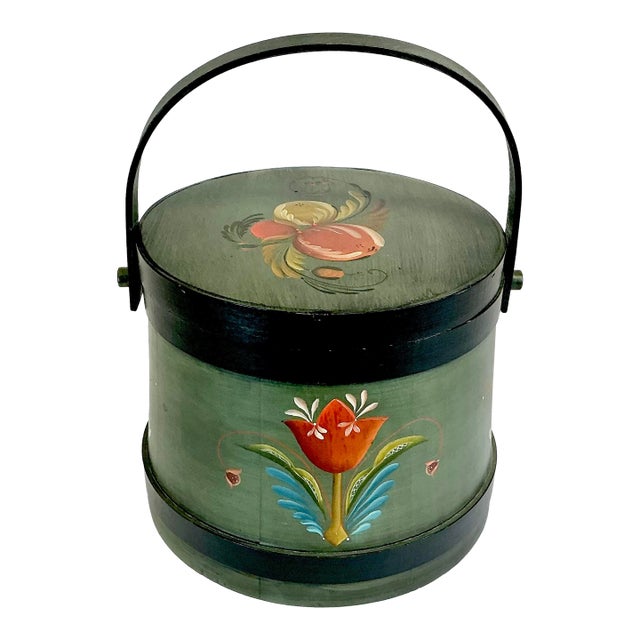 1950s Vintage Gustavian Rustic European Farmhouse Tole Hand Painted Wooden Sap Bucket For Sale