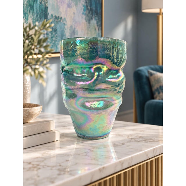 Sculptural art glass vase featuring an aqua-green body, flowing darker swirls, and a luminous iridescent finish. Depending...
