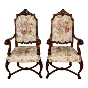 1900s Antique French Walnut Pair of Armchairs , Living Room Fireplace Chairs