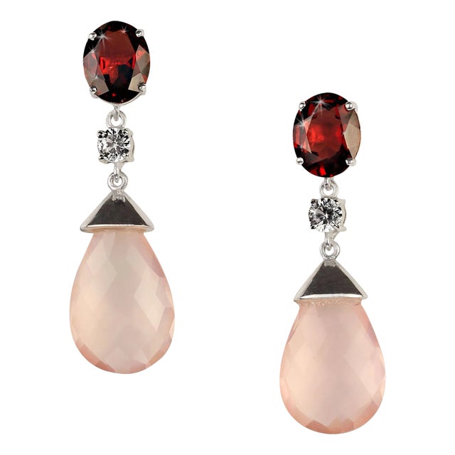Ajd Romantic Rose Quartz and Garnet in Sterling Silver Earrings, A Pair For Sale