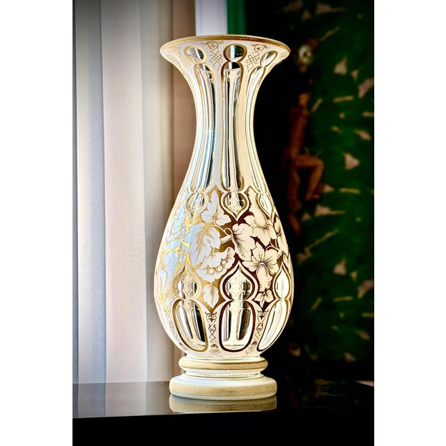 Antique Bohemian White Overlay Gilded Glass Vase, 1800s For Sale - Image 17 of 18