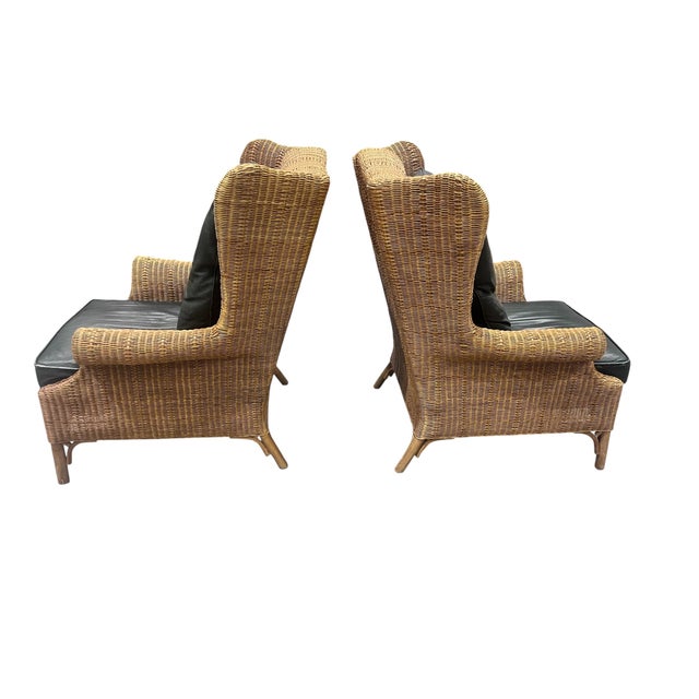 1970s Pair of Large Wicker Wingback Chairs With Ottoman by Henry Link for Lexington Furniture 1972 For Sale - Image 5 of 12
