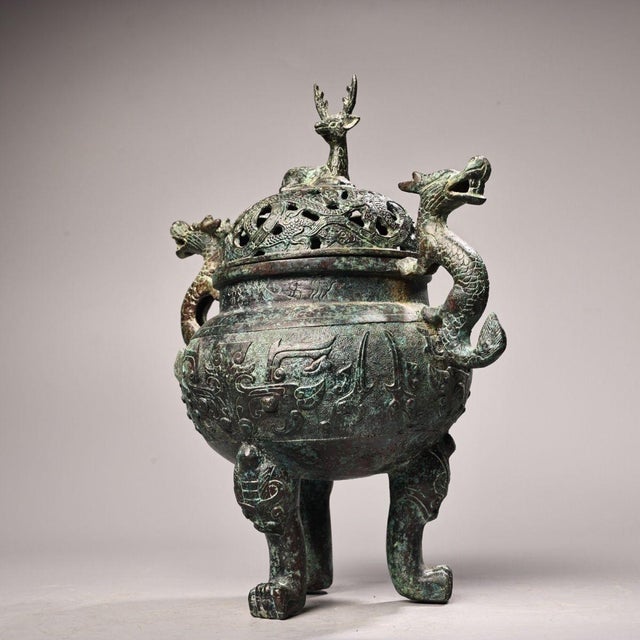 Asian Late 19th Century Bronze Tripod Censer With Deer Finial, 2400g, Archaic Motifs For Sale - Image 3 of 10