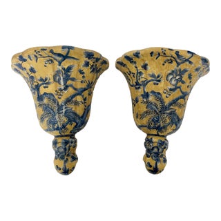 Vintage Yellow & Blue Ceramic Hanging Wall Shelves – Pair For Sale