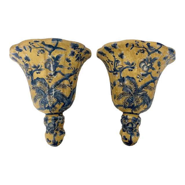 Vintage Yellow & Blue Ceramic Hanging Wall Shelves – Pair For Sale