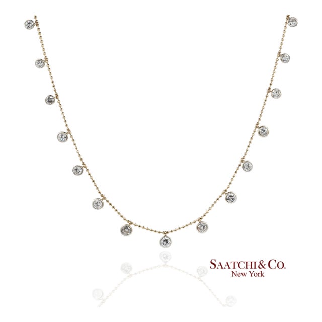 14k(585) Yellow & White Gold Natural Diamond Graduated Drop Necklace For Sale