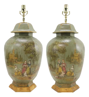 Pair of Hand-Painted Chinoiserie Tole Table Lamps With Figural Scenes