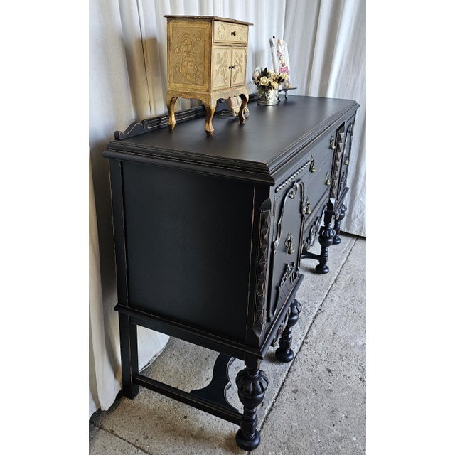 Vintage Sideboard Buffet, Jacobean Style, Circa 1930's Black Buffet Cabinet For Sale In Los Angeles - Image 6 of 10