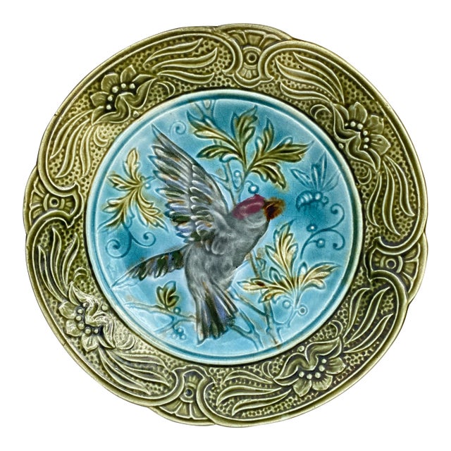 19th Century Majolica Bird & Bee Plate Wasmuel For Sale