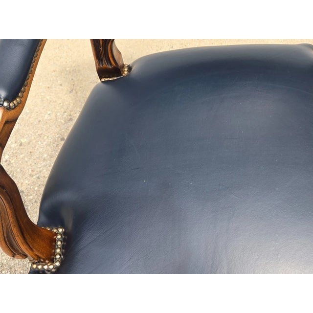 Chateau d'Ax French Bergere Fauteuil Blue Leather Arm Chair For Sale - Image 10 of 18
