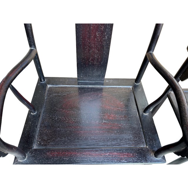 Chinese Traditional Black Brown Yoke-Back Armchair Set W Small Table For Sale In San Francisco - Image 6 of 12