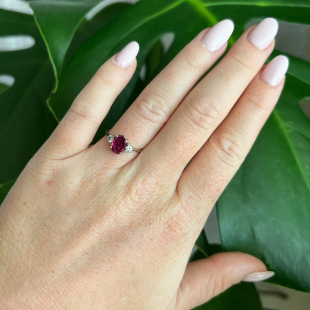 Contemporary Gold and Platinum Ruby and Diamond Trilogy Ring, Size 7.75 For Sale - Image 3 of 5