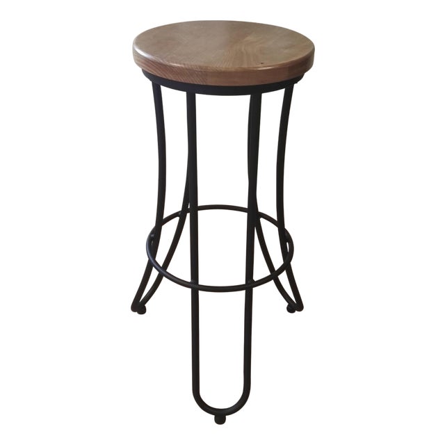 New Industrial Wrought Iron Shop Stool with Oak Seat For Sale