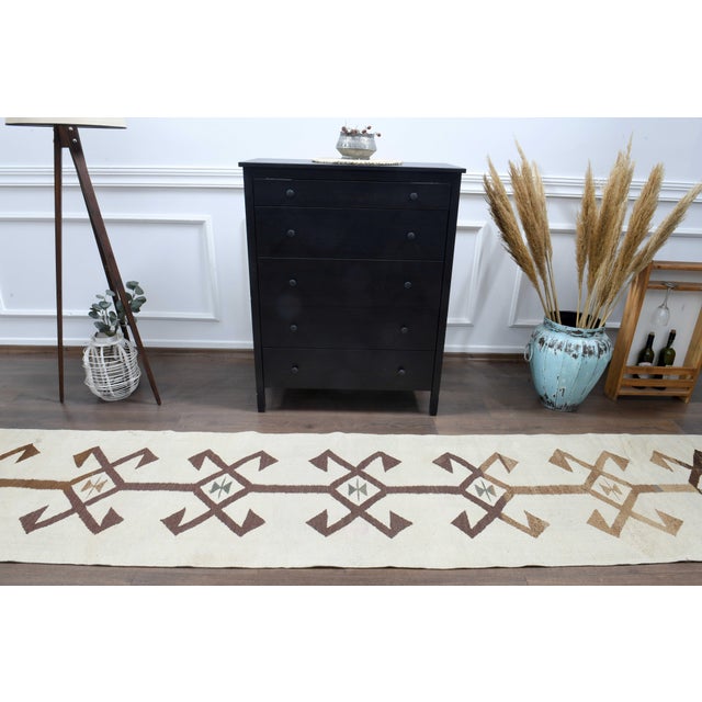 1970s Vintage Turkish Handmade Wool Cotton Beige Runner Rug For Sale - Image 9 of 11