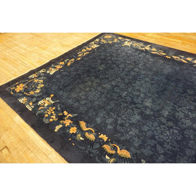 1920s Antique Wool Allover Floral Rectangle Blue Hand Knotted Pile Peking Rug For Sale - Image 10 of 10