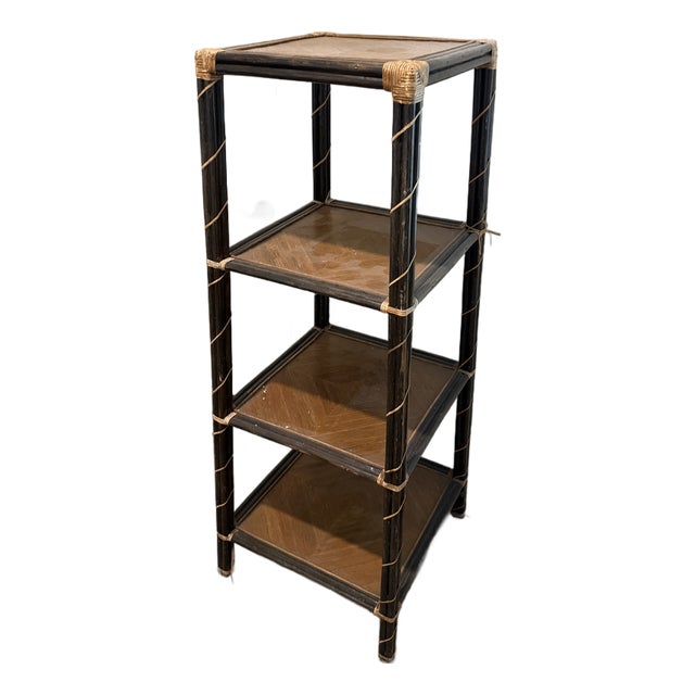 Vintage Mid Century Black Bamboo Rattan Book Case For Sale