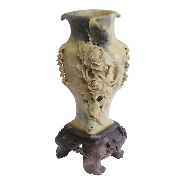 Mid 20th Century Large Chinese Hand-Carved Soapstone Vase With Floral, Butterfly & Bird Relief on Stand, 11.7"h For Sale