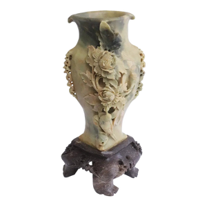 Mid 20th Century Large Chinese Hand-Carved Soapstone Vase With Floral, Butterfly & Bird Relief on Stand, 11.7"h