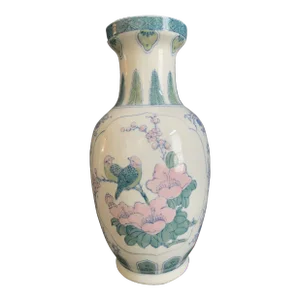 Late 20th Century Vintage Porcelain Chinoiserie Vase With Parakeets and Cherry Blossoms